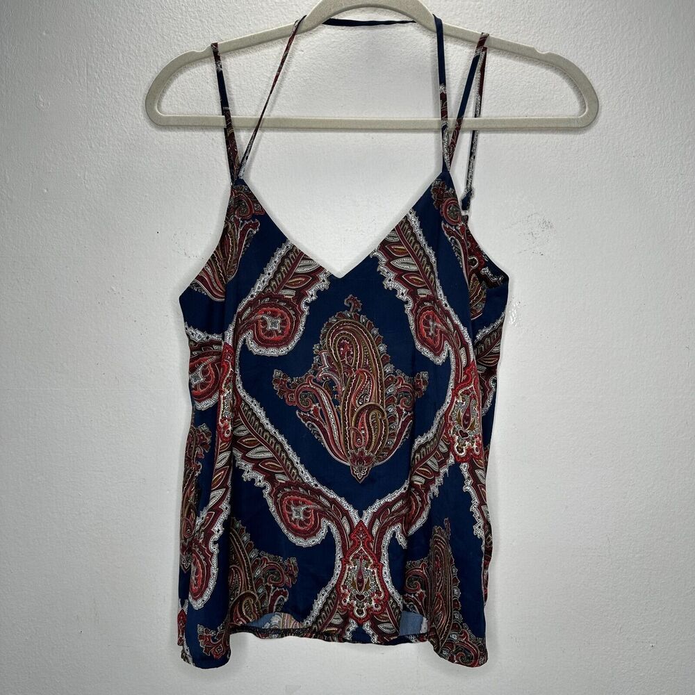 Missguided Blue Red and White Paisley Design VNeck Strappy V-Back Flowy Blouse 6